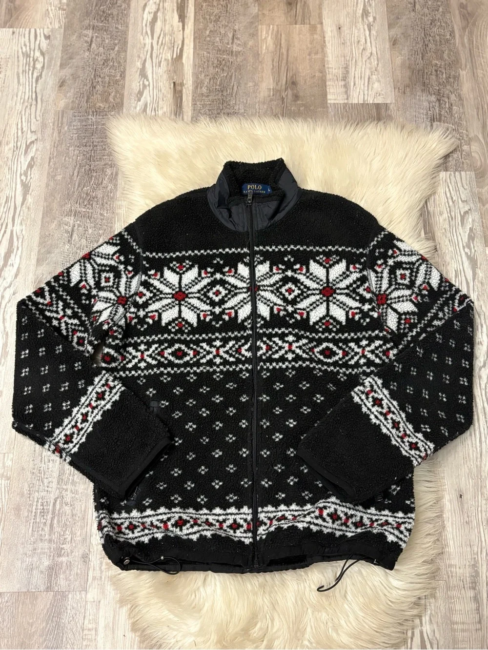 Vintage Polo by Ralph Lauren Black Fair Isle Zip-Up Sweater Jacket sz Large
